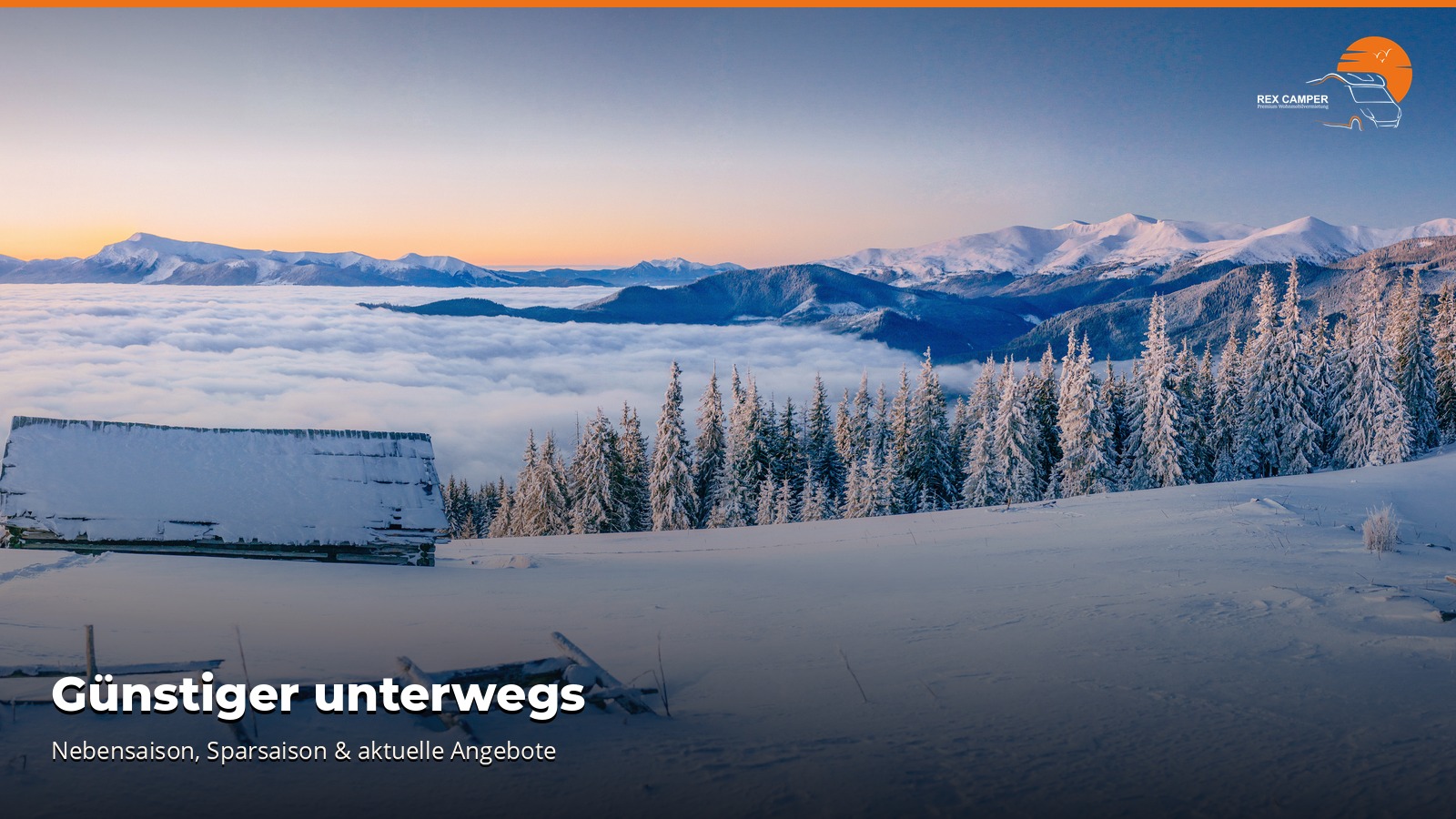 Verschneite Berglandschaft im Winterlicht – günstig Wohnmobil mieten in der Nebensaison bei REX Camper