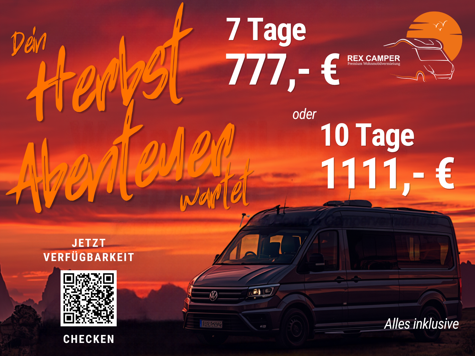 REX Camper Herbst Abenteuer: teilintegrierter Camper, 7 Tage all-inclusive fuer 777 Euro oder 10 Tage fuer 1.111 Euro