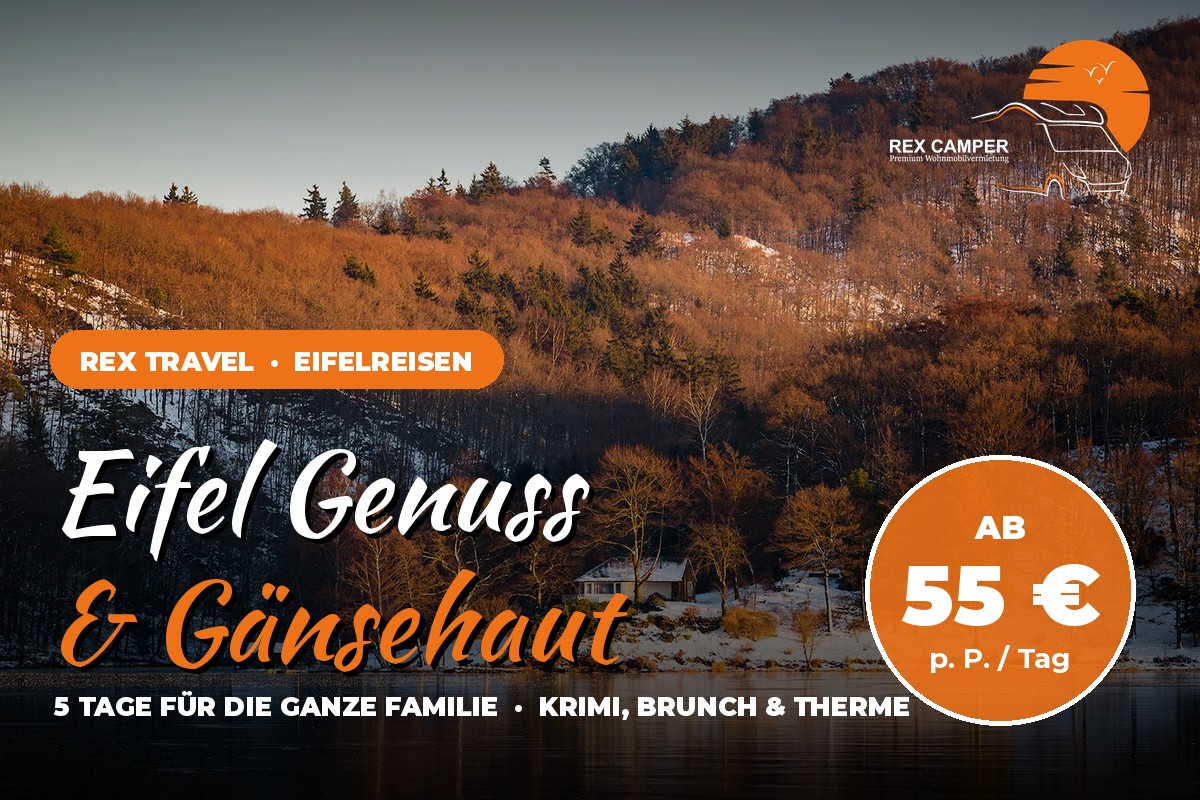 Eifel Genuss & Gänsehaut – 5 Tage Wohnmobilreise mit Krimidinner, Brunch und Therme